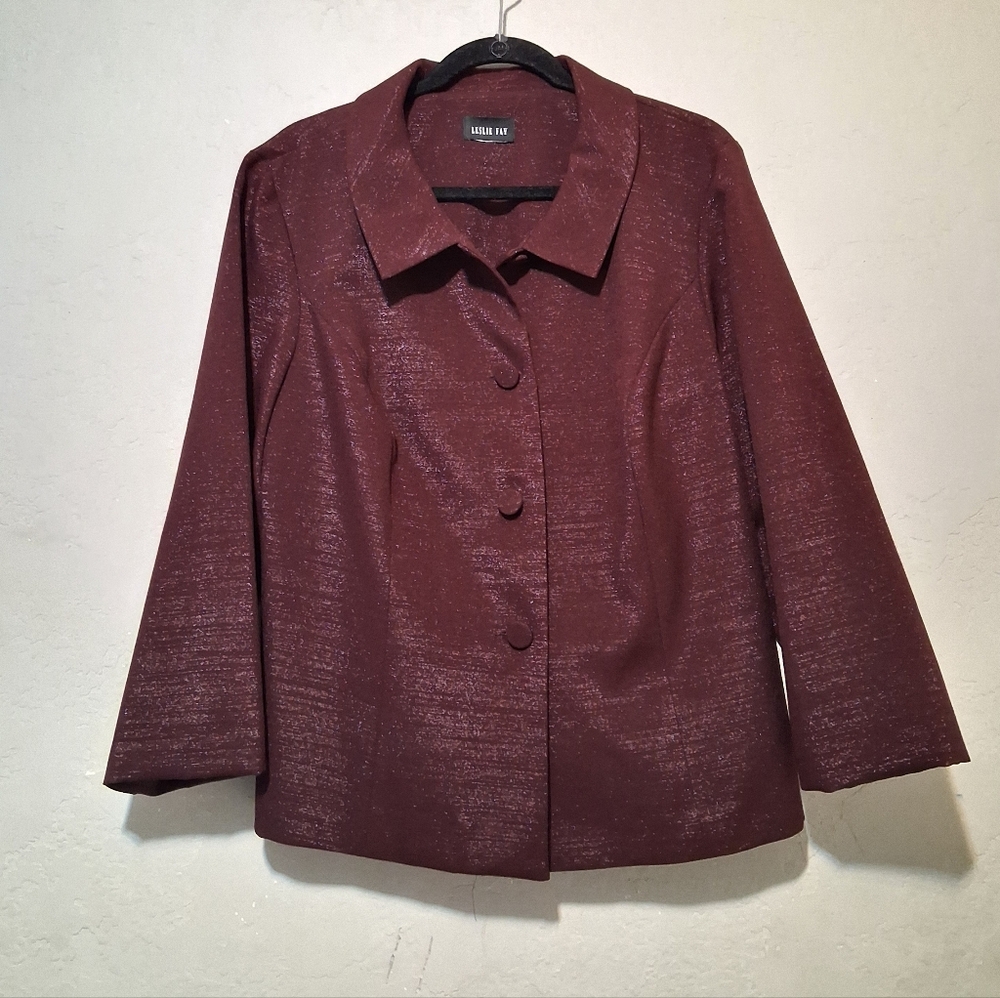Leslie Fay Women Shiny Classic Blazer Button-Up SzXL Burgundy‎